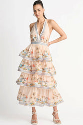 Swingy Neckholder V-Ausschnitt Strandurlaub Bedrucktes Rüschen Stufen Midi Sommerkleid - Creme
